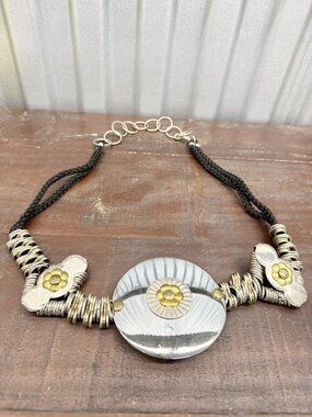Floral Medallion Chain Belt 35” Black Braided Cord Silver Gold Tone Boho Vintage